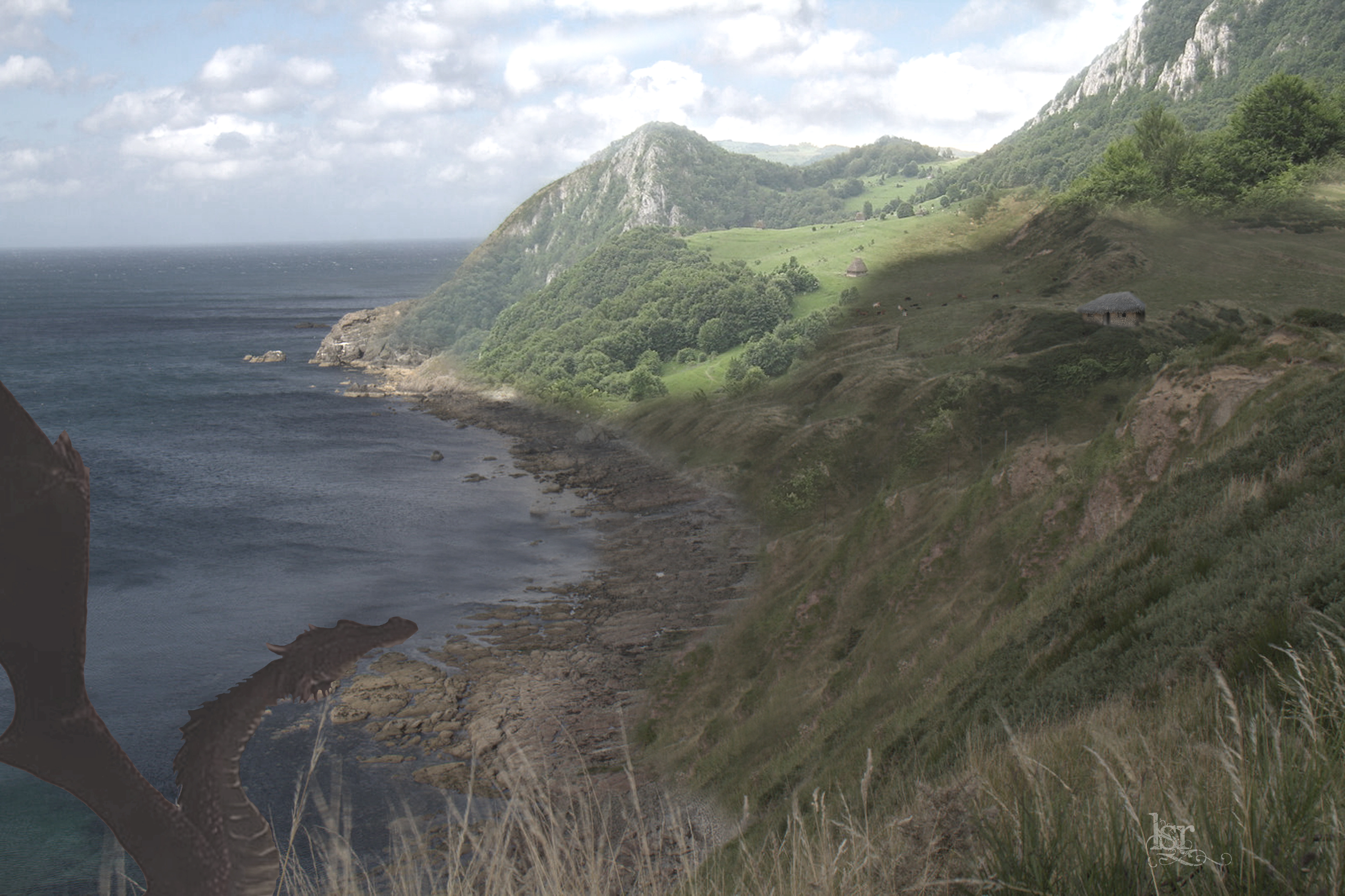 sea coast landscape with a black dragon