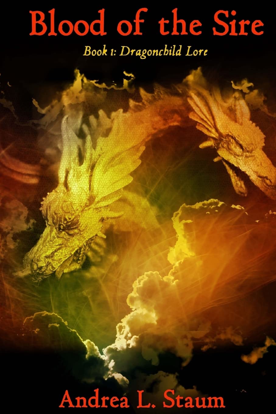 cover of Blood of the Sire, yellow and orange dragons coming out of clouds